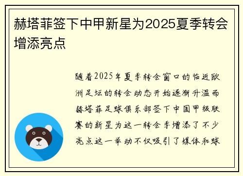 赫塔菲签下中甲新星为2025夏季转会增添亮点